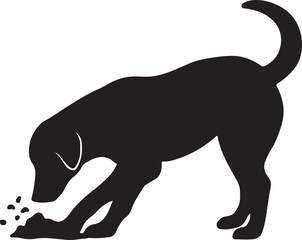 A black silhouette of a dog sniffing the ground intently