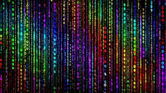 Chaotic lines of virus code with glitches concept. Colorful streams of binary code symbolize digital interference and data manipulation.