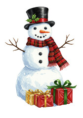 detailed watercolor illustration of a jolly snowman in a black silk top hat and plaid scarf, next to metallic christmas gifts on snow, white background. whimsical winter holiday greeting card concept