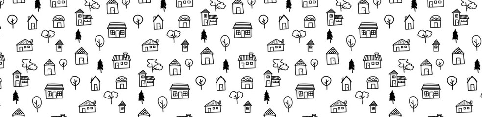 Small village house seamless pattern doodle hand drawing background