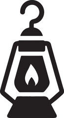 Simple black and white illustration of a classic oil lantern with a flame
