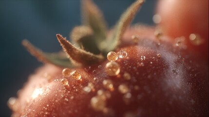 Close-up of a tomato with water droplets on it. the tomato is red in color and appears to be ripe and juicy.