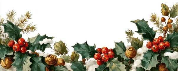 Watercolor holiday border with holly, berries, and green floral decorations