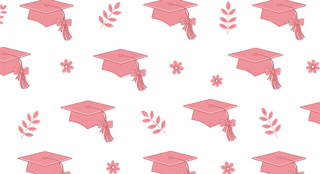 Elegant pink graduation cap seamless pattern with floral elements for celebration designs, academic events, invitations, and decorative backgrounds
