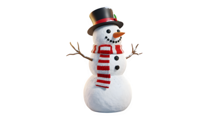 Cute 3d rendered snowman wearing a black top hat with red band and a red and white striped scarf, isolated on transparent background