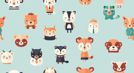 Obraz premium Seamless pattern featuring adorable cartoon woodland animals dressed in stylish clothes on a soft blue background for kids' designs.