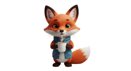 Cute cartoon fox character wearing a blue vest holding a cup of coffee, 3d render, isolated on transparent background