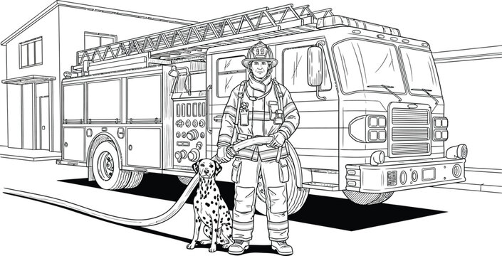 Firefighter standing beside a fire truck isolated on transparent background silhouette