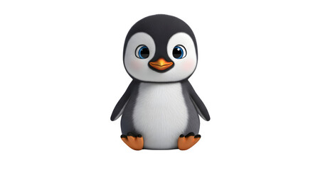 Obraz premium Cute baby penguin character, 3d rendering, adorable chick with big blue eyes, isolated on transparent background