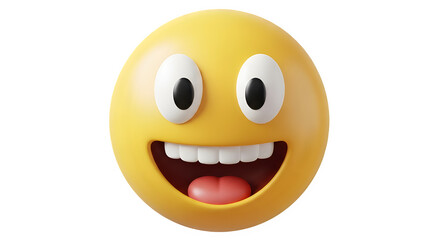 3d rendering of a happy, grinning emoji face with wide eyes and an open mouth showing teeth, isolated on transparent background