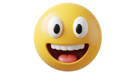 3d rendering of a happy, grinning emoji face with wide eyes and an open mouth showing teeth, isolated on transparent background