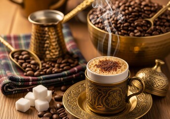 Brass Turkish Coffee Cup on Engraved Saucer with Roasted Beans &mdash; Top-Down