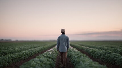 Man walking through a vast field of green plants. he is wearing a gray jacket, brown pants, and a baseball cap. the sky is a pale pink color, indicating that it is either sunrise or sunset.