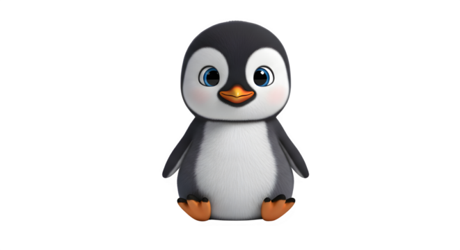 Cute baby penguin character, 3d rendering, adorable chick with big blue eyes, isolated on transparent background - Powered by Adobe