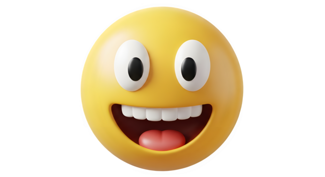 3d rendering of a happy, grinning emoji face with wide eyes and an open mouth showing teeth, isolated on transparent background - Powered by Adobe