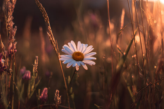 a single white flower in a field of tall grass - Powered by Adobe