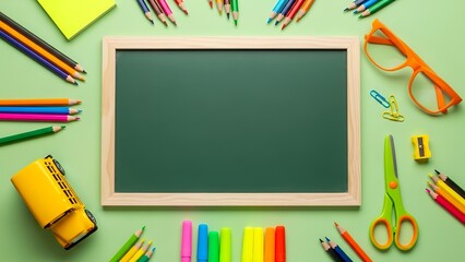 Back to school supplies layout with blank green chalkboard and tools