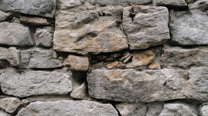 An ancient grey stone wall with uneven texture, erosion marks, small holes, and cracks,
