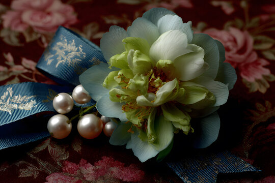 a flower with pearls and a ribbon on a table - Powered by Adobe