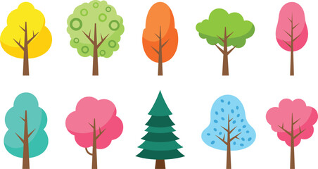A diverse vector set of ten colorful flat-style trees, including deciduous, pine, and stylized canopy designs, perfect for creating children's educational content and fantasy map graphics © Aminul