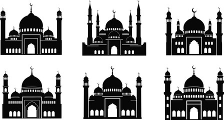 Six mosque silhouettes isolated on transparent background