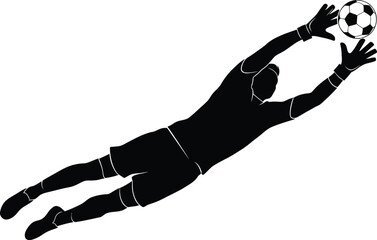 Silhouette of soccer goalkeeper diving to catch ball isolated on transparent background