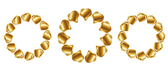 Set of round frames made of golden hearts, realistic 3D golden hearts