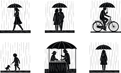 Silhouette of people with umbrellas isolated on transparent background