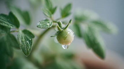 Close-up of a small plant with green leaves. the plant appears to be a tomato plant, as there are small, round, green leaves that are covered in water droplets.