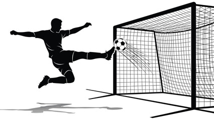 Silhouette of a soccer player kicking a ball into a goal isolated on transparent background