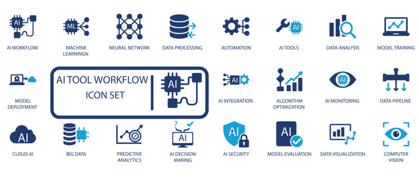 AI Tool Workflow Icon Set. Machine Learning, Neural Network, Data Processing, Automation, and Security symbols for modern tech projects.