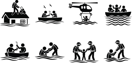 Silhouette illustrations of people rescued from floodwaters isolated on transparent background