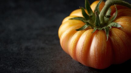 Close-up of a single tomato on a black surface. the tomato is round and orange in color, with a slightly wrinkled texture. it has a green stem with small leaves attached to it.