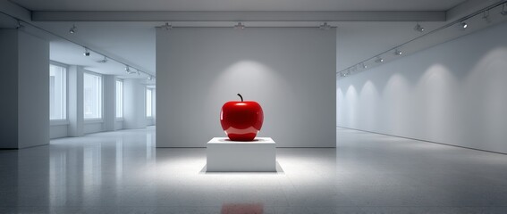 Large red apple sculpture displayed in a modern art gallery with white walls and bright lighting