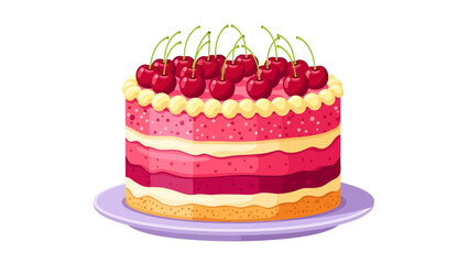 Resting on a lilac plate, this vibrant layer cake features visible tiers of pink fruit filling and cream, crowned with a generous cluster of stemmed red cherries.