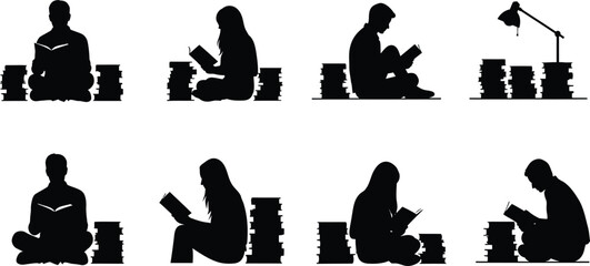 Silhouettes of people, including a woman and a man sitting at a flora in a library setting