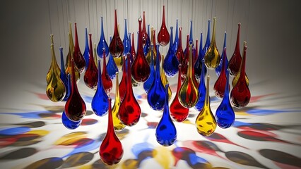 Abstract colorful glass sculpture with vibrant reflections on a light gray background