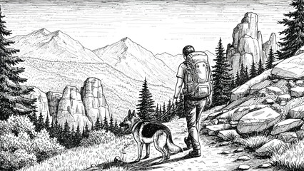 Vintage black and white illustration of forest and mountain landscapes with a tree and people on horseback