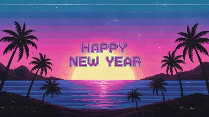 Retro wave style happy new year greeting with palm trees and vibrant sunset