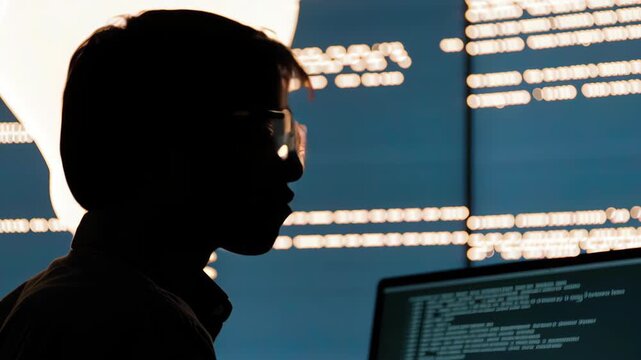 Thoughtful software engineer finding solution concept. Working intently at a computer with coding displayed against a visually striking background.
