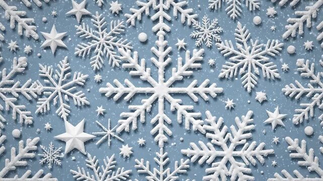 Decorative pattern of white snowflakes of various sizes and shapes on a light blue background