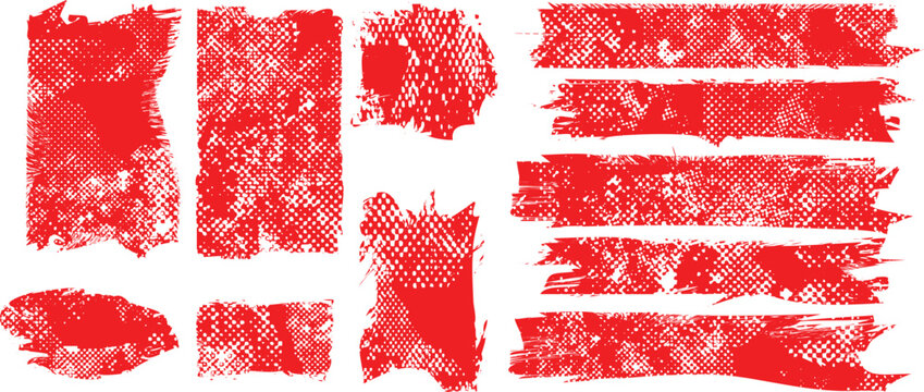 Red Stamp texture grunge set. Rolled ink texture. Organic overlay highlight . Vector grainy letterpress texture .Screen print texture.