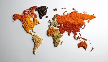 World map made of colorful spices and grains on white background.