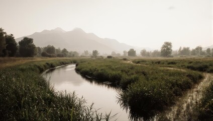 Misty Morning River Flowing Through Lush Green Landscape with Distant Mountains.