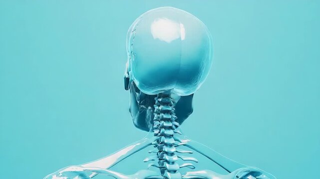 Side profile of a digital 3D-rendered human skeleton with visible skull fractures, anatomy, medicine, diagnostics, healthcare, research, education, study of bone injuries and medical visualization.
