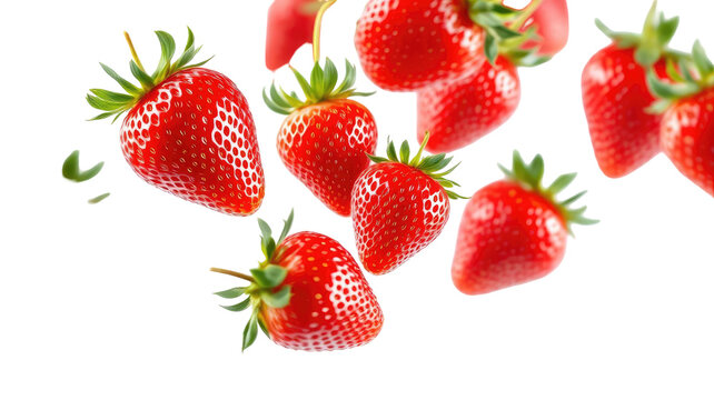 Ripe red berries with green tops, isolated on black, dynamic composition - Powered by Adobe