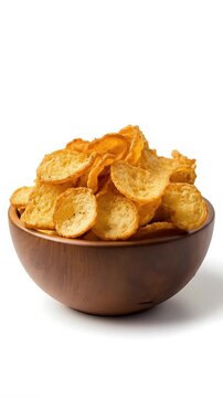 Delicious crispy potato chips in rustic wooden bowls against a pristine white backdrop showcasing snack food