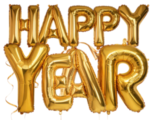 Golden, inflated letter balloons spell "HAPPY YEAR" against a clear backdrop