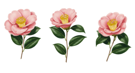 three distinct, blush pink camellia watercolor botanical illustrations, showing blooms, buds, and emerald foliage, isolated against a transparent background. concept of precise botanical beauty