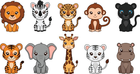 Cute baby safari animal illustration set featuring lion, zebra, leopard, monkey, tiger, elephant, giraffe, hippo and adorable cartoon wildlife characters